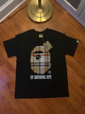 Bape Black Tee with Plaid Ape Head Graphic